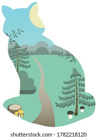 Flat vector forest landscape in fox silhouette with sun firs and mushrooms