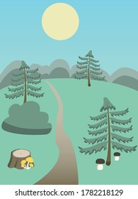Flat vector forest landscape with sun firs and mushrooms