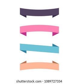 Flat vector four different horizontal ribbons and pointers banners. Set of decorative colored labels isolated on white. Vector banner set for page decor. 