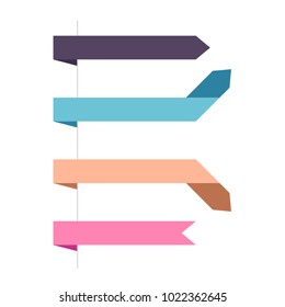 Flat vector four horizontal ribbons arrows and pointers banners. Set of decorative colored horizontal labels isolated on white. Vector ribbon set for page decor. 
