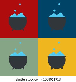 Flat vector of four witch boilers with blue potion in four squares of different color.