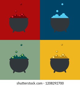 Flat vector of four witch boilers with potions of different colors in four squares of different color.