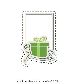 Flat vector frame with gift box and floral element. Gift box sticker