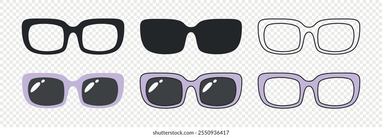 Flat Vector Frame Glasses Icons. Sunglasses, Vintage Eyeglasses, Lenses. Optics and Eyewear Design Template. Vector Illustration. Flat Vector Design for Eyewear and Optics