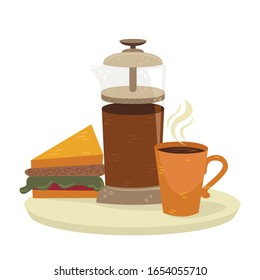 Flat vector french press with a cup of coffee and sandwich. Alternative methods of brewing coffee. Coffee culture.