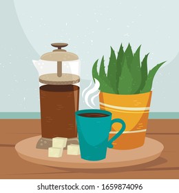 Flat vector french press with a cup of coffee and plant in the pot on the table. Alternative methods of brewing coffee. Coffee culture.