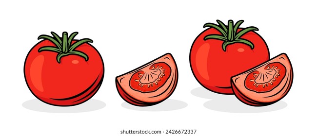 Flat Vector Fresh Tomato Icon Set Isolated. Whole and Quartered Tomatoes Design Templates for Recipes, Menus, Culinary. Organic Tomato Clipart, Logo, Front View