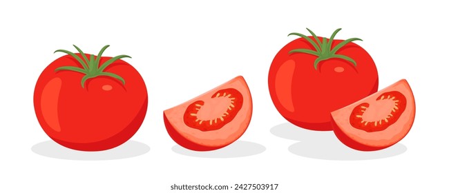 Flacher Vektor Fresh Tomato Icon Set isoliert. Ganze und geviertelte Tomaten Design-Vorlagen für Rezepte, Menüs, kulinarisch. Bio-Tomaten-Clipart, Logo, Vorderansicht