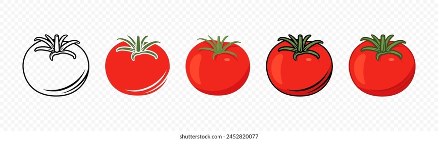 Flache Vektorgrafik Fresh Tomato Icon Set isoliert. Ganze Tomaten-Design-Vorlage. Bio-Tomate, Vorderansicht