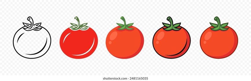 Flat Vector Fresh Tomato Icon Set Isolated. Whole Tomato Design Template. Organic Tomato, Front View