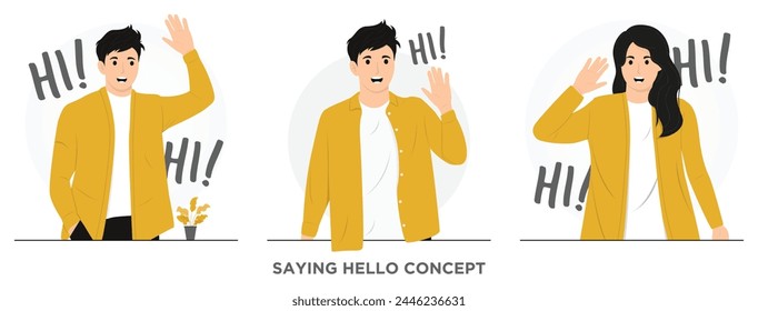 Flat Vector friendly smiling man waving hand saying hello hi hola concept illustration