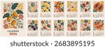 Flat vector fruit calendar template for 2026. Vertical printable wall design with trendy fruit market prints, A3 A2 monthly pages, week starting Sunday, modern home decor illustration.
