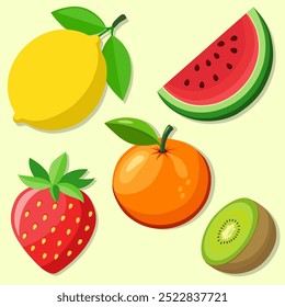 Flat Vector Fruit Set Featuring Strawberry Kiwi Mandarin Watermelon and Lemon