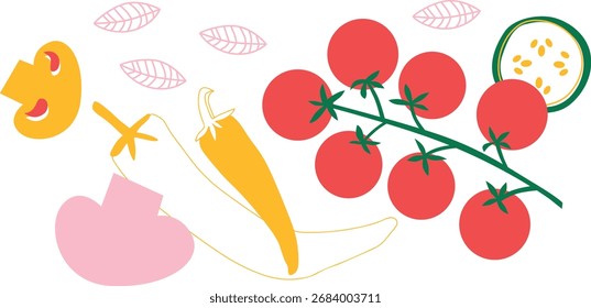 Flat Vector Fruits and Vegetables Icons Set, Healthy Food Illustration Collection	
