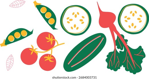 Conjunto de ícones de frutas e legumes de vetor plano, coleção de ilustração de alimentos saudáveis	
