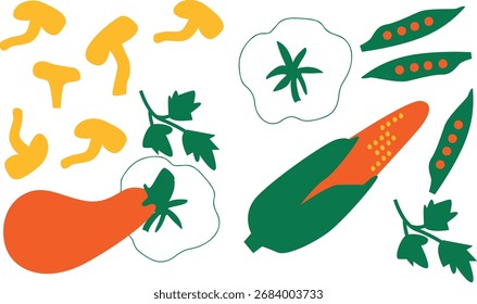 Flat Vector Fruits and Vegetables Icons Set, Healthy Food Illustration Collection	
