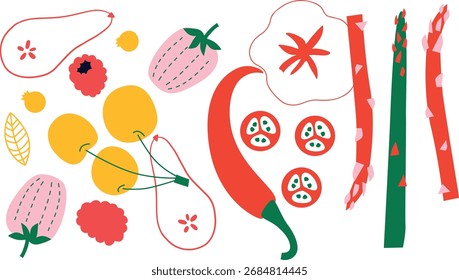 Flaches Vektorsymbol für Obst und Gemüse, Kollektion von Illustrationen für gesunde Lebensmittel	