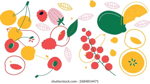 Flat Vector Fruits and Vegetables Icons Set, Healthy Food Illustration Collection	