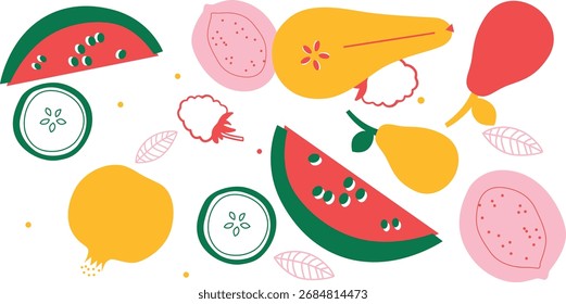 Flat Vector Fruits and Vegetables Icons Set, Healthy Food Illustration Collection	