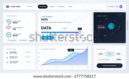 Flat vector fundraising dashboard with system status gauges, campaign progress bar, global impact map, repayment chart and quick transfer panel.