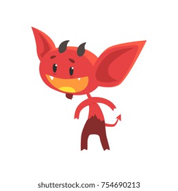 Flat vector of funny little devil with interested facial expression isolated on white. Comic fictional demon character with horns, tail and big ears