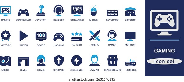 Flat vector gaming icons set. Featuring gaming essentials like controller, joystick, gamepad, headset, and monitor. Perfect for UI, apps, eSports, and tech designs.