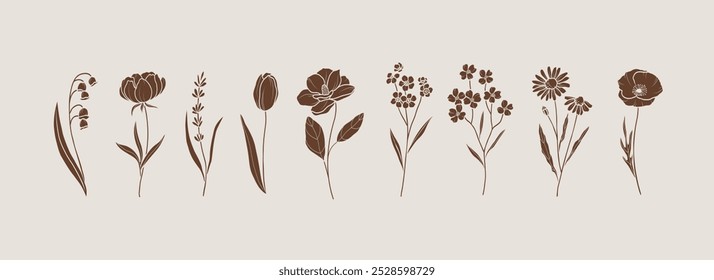 Flat vector garden flowers. Lily of the valley, peony, lavender, tulip, magnolia, forget-me-not, dogwood, chamomile, poppy