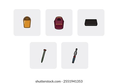 Flat Vector Gardening and Farming Equipment Icons - Bucket, Carrying Tote, Soil Thermometer, Weeder, Seed Tray