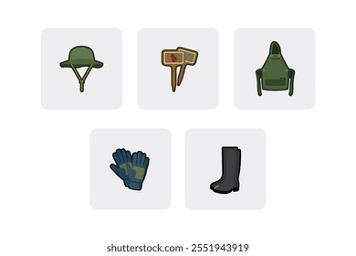 Flat Vector Gardening and Farming Equipment Icons - Gardening Hat, Plant Label, Apron, Gloves, Boots