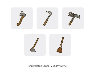 Flat Vector Gardening and Farming Equipment Icons - Cultivator, Axe, Broom, Hoe, Sickle