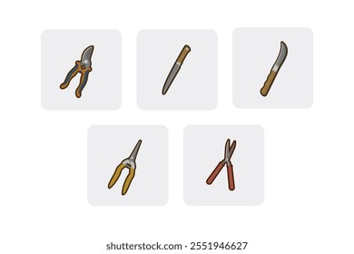 Flat Vector Gardening and Farming Equipment Icons - Pruner, Grafting Knife, Pruning Saw, Pruning Shears, Leaf Trimer