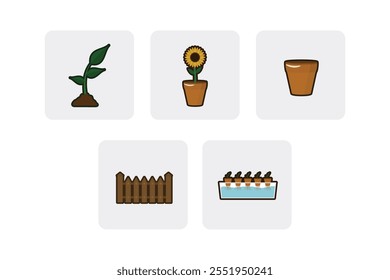 Flat Vector Gardening and Farming Equipment Icons - Plant Seed, Sunflower, Pot, Fence, Hydroponic