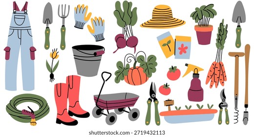Flat vector gardening tools and plants set. Cute hand drawn garden elements including tools, vegetables, gloves, boots and plants, perfect for farming, spring, outdoor, eco and lifestyle designs.