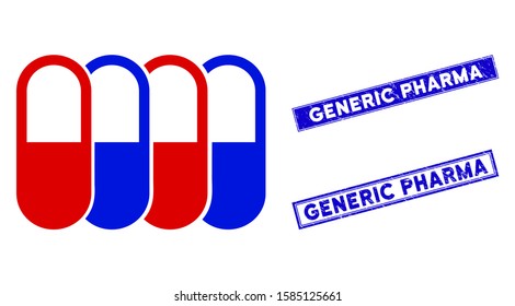 Flat vector generic pharma pictogram and rectangle Generic Pharma seal stamps. A simple illustration iconic design of Generic Pharma on a white background.