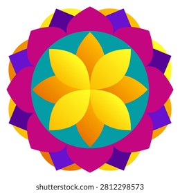 Flat vector geometric mandala flower isolated on white background. Colorful circular pattern (rangoli) for yoga, meditation, zen, boho design, and Diwali.