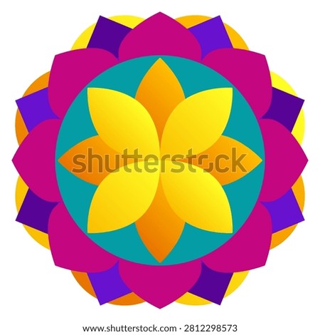 Flat vector geometric mandala flower isolated on white background. Colorful circular pattern (rangoli) for yoga, meditation, zen, boho design, and Diwali.