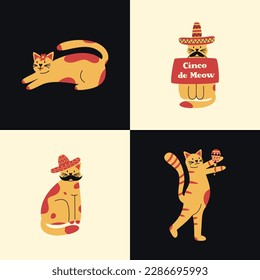 Afiche geométrico vector plano con gatos mexicanos en sombreros con bigotes y maracas. Cinco de meau