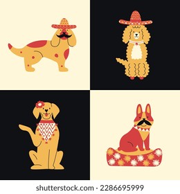 Flat vector geometric poster with mexican dogs in hats with mustaches