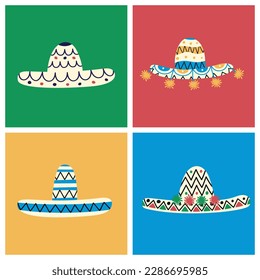 Flat vector geometric poster with traditional mexican sombrero hats