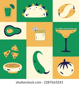 Flat vector geometric poster with traditional mexican food elements. Illustrations of taco, avocado, tequila, margarita, nachos, pepper