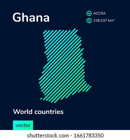 Flat vector Ghana map in turquoise colors on a dark blue background. Stylized map icon of Ghana. Infographic element