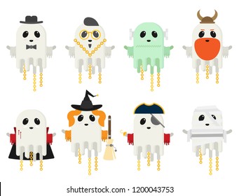 Flat vector ghost set in different costumes isolated on white background
