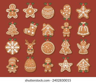 Flat Vector Gingerbread Set. Christmas Icons. Gingerbread Design Template, Holiday Winter Symbol. New Year Cookies, Sweets Concept. Vector illustration