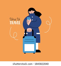 Chica vectorial plana con abrigo azul con smartphone y maleta. Ilustración con la frase escrita tiempo para viajar. Diseño para medios sociales, publicidad, banner web o afiche. Turismo, concepto de viaje.