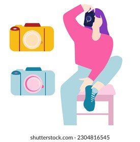 Flat vector girl with camera , photographer sign illustration 