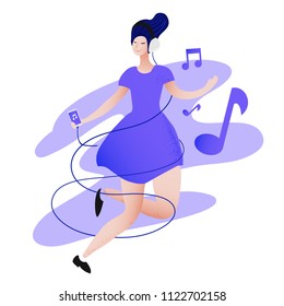Flat vector girl character listens music with device and dancing in trendy modern color scheme, isolated on white background 
