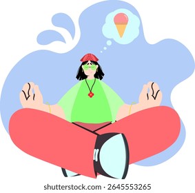 Flat vector of a girl meditating in lotus pose with a flower necklace and red pants. Ice cream in a thought bubble over abstract blue background.