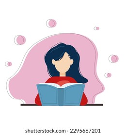 flat vector girl sitting at a table and reading a book	
