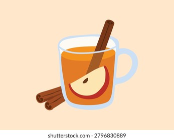 Flat vector glass mug of hot apple cider with apple slice and cinnamon in a cozy autumn style. Warm beverage illustration for cafe menus, Thanksgiving designs, and seasonal recipe graphics.