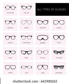 Flat vector glasses big set illustration. Collection of different of rim glasses types - round, square, cat eye glasses. Different style - hipster, retro, vintage, modern, classic.